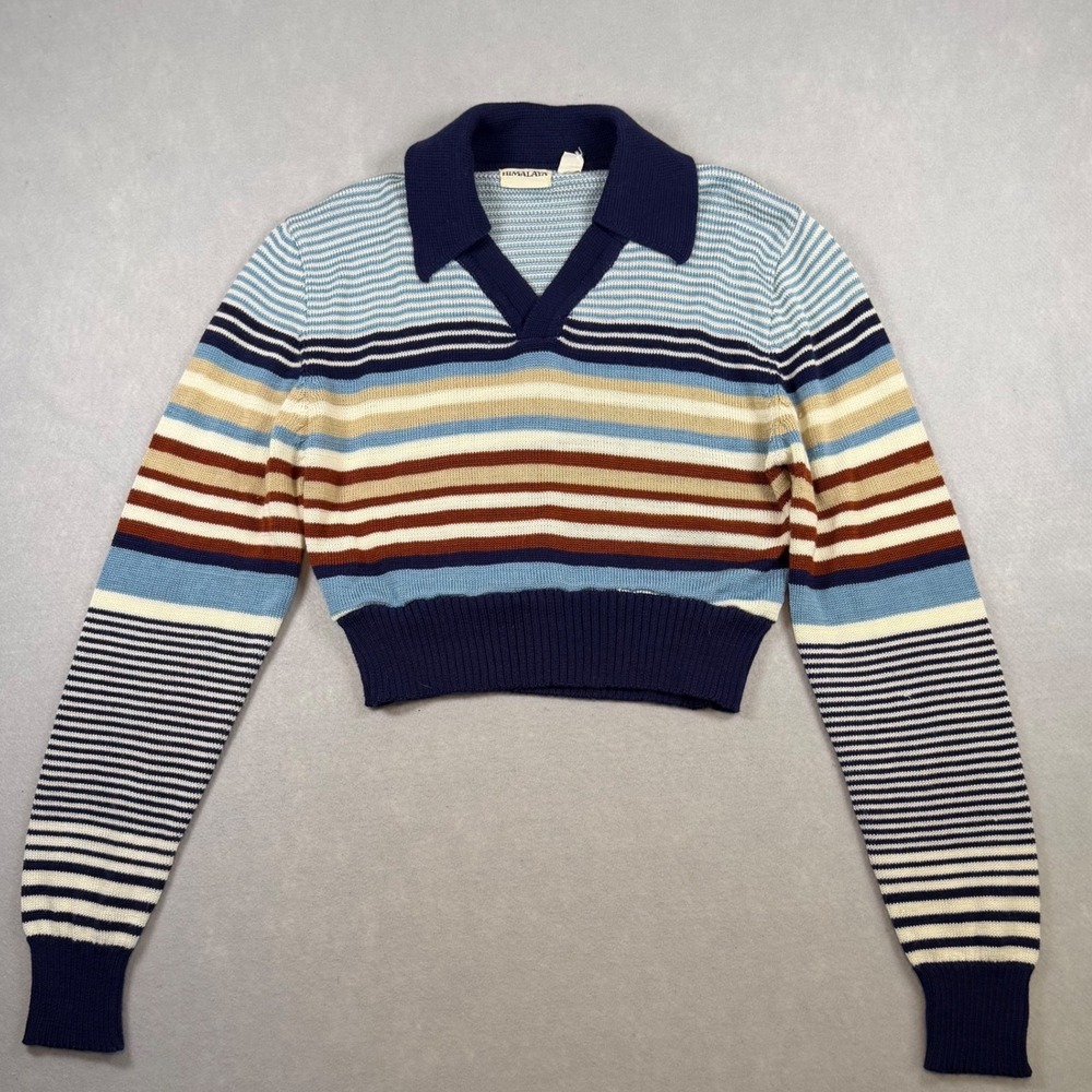 Vintage Himalaya Women Striped Cropped Knit Sweater Navy Blue Polo Collar Large